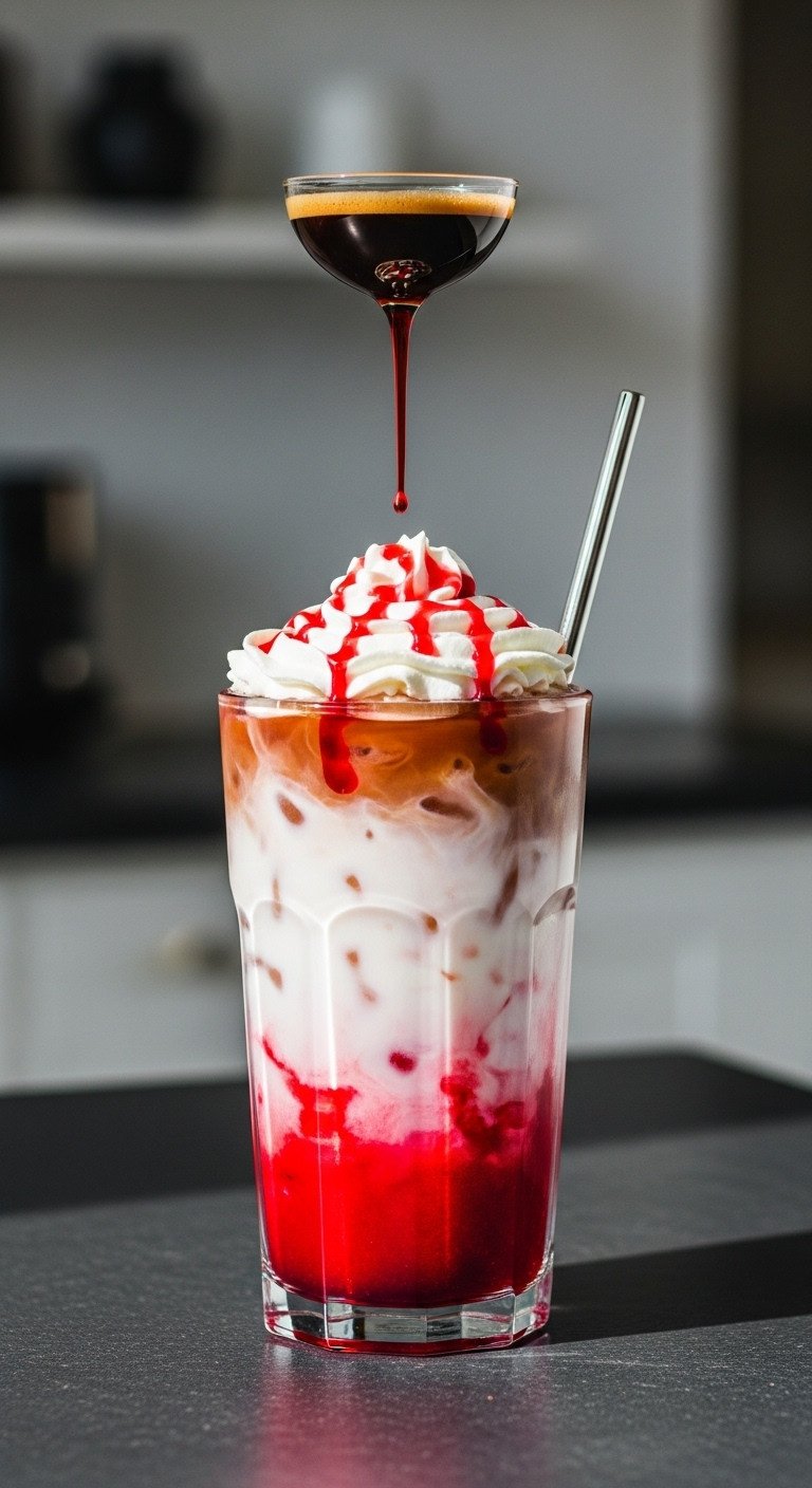 Vampire’s Red Velvet Iced Latte with layered red, white, and espresso, whipped cream, and red syrup drizzle
