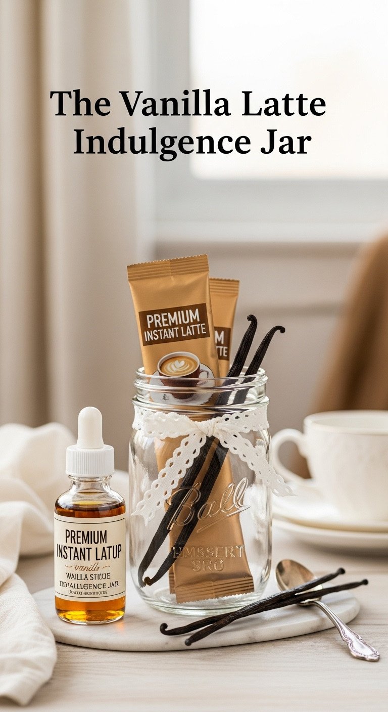 Vanilla latte indulgence DIY mason jar gift with instant latte packets vanilla syrup and vanilla bean pods on a light wooden surface