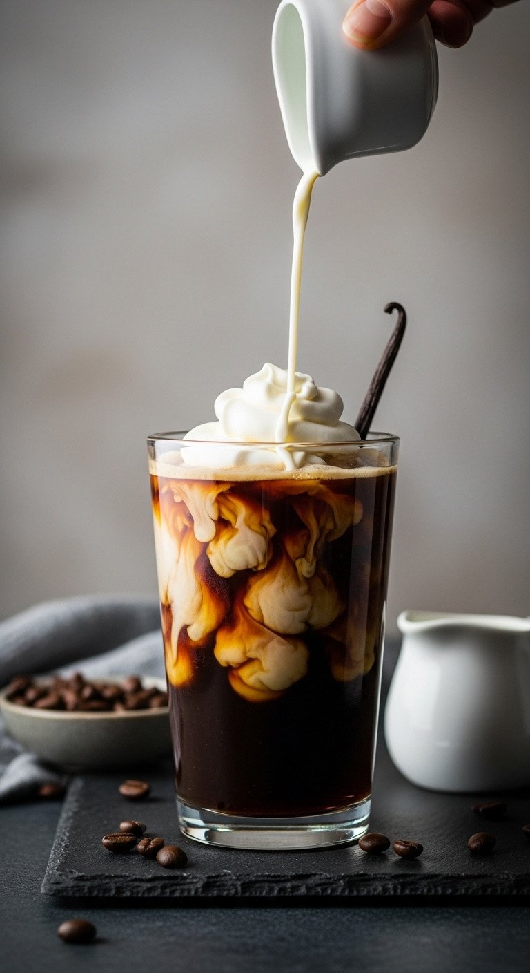 Easy Starbucks Cold Coffee Recipes That Are Never Watery 7 Vanilla sweet cream cold brew, showing cream cascading into dark coffee on a slate surface with a cream pitcher and coffee beans. Recipe.