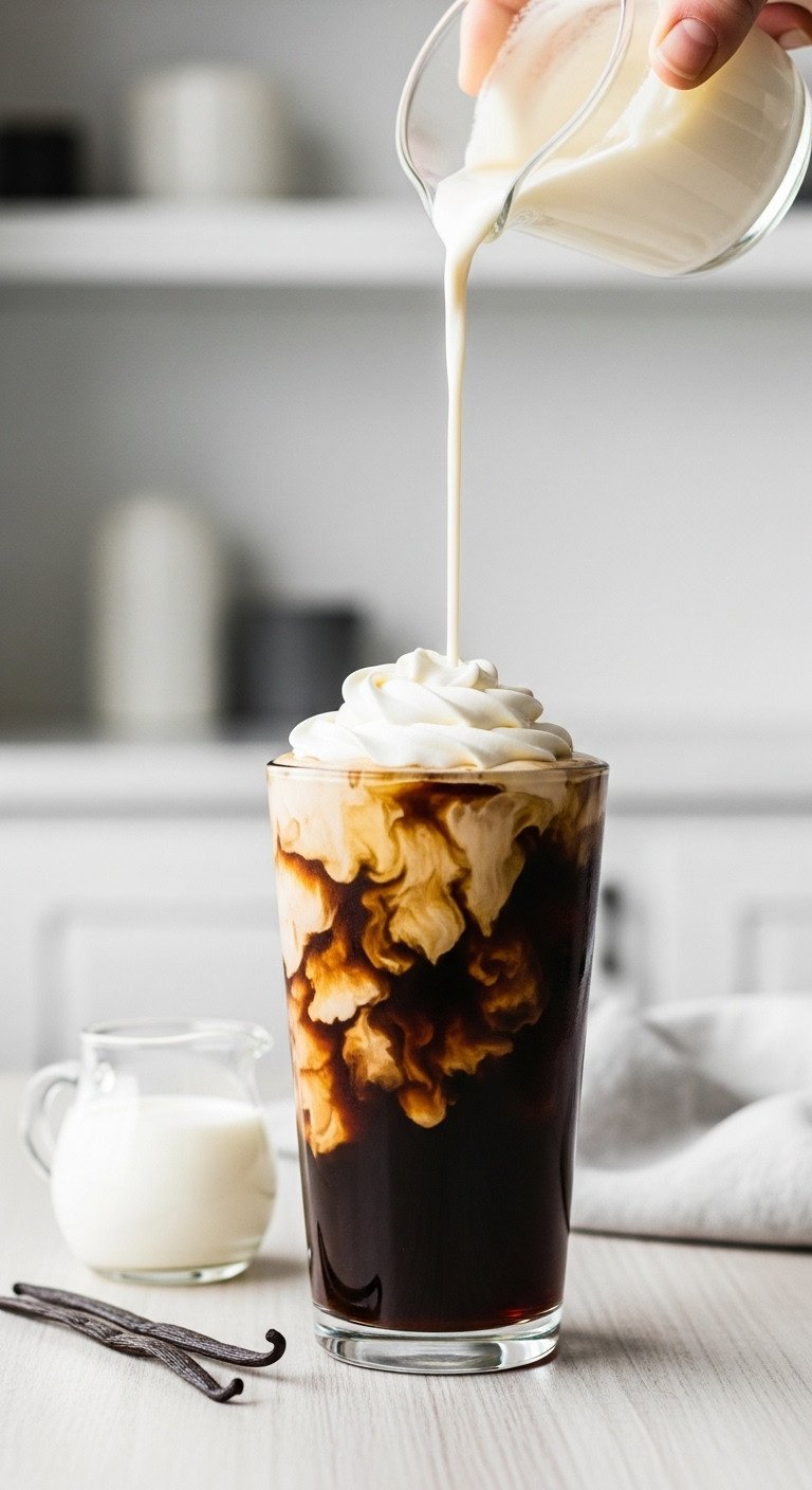 13 Genius Aesthetic Cold Coffee Recipes To Make At Home 5 Vanilla sweet cream cold brew: white cream pours into dark coffee, creating swirls in pint glass. Vanilla bean. Ideal recipe image.