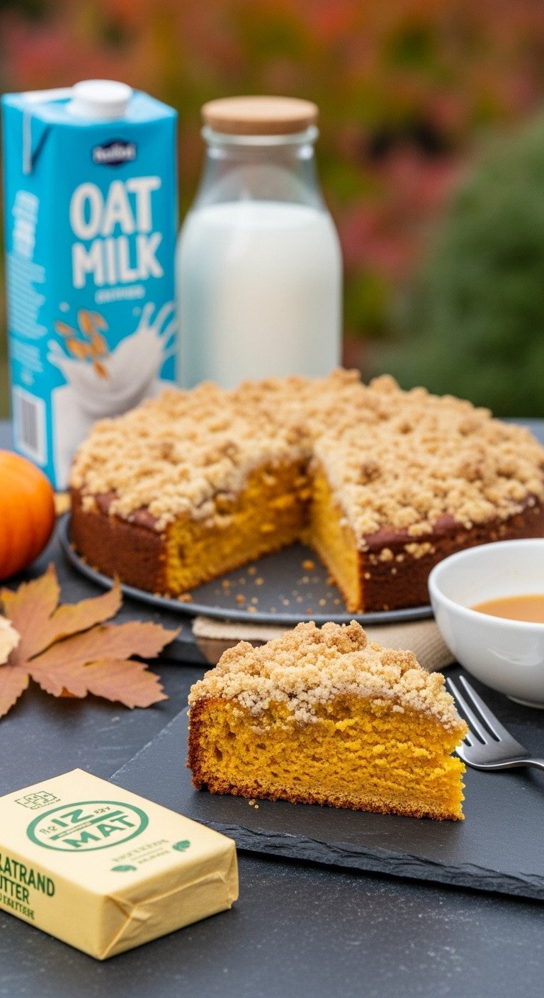 Vegan Pumpkin Crumb Cake slice on slate board with oat milk and plant-based butter in garden setting