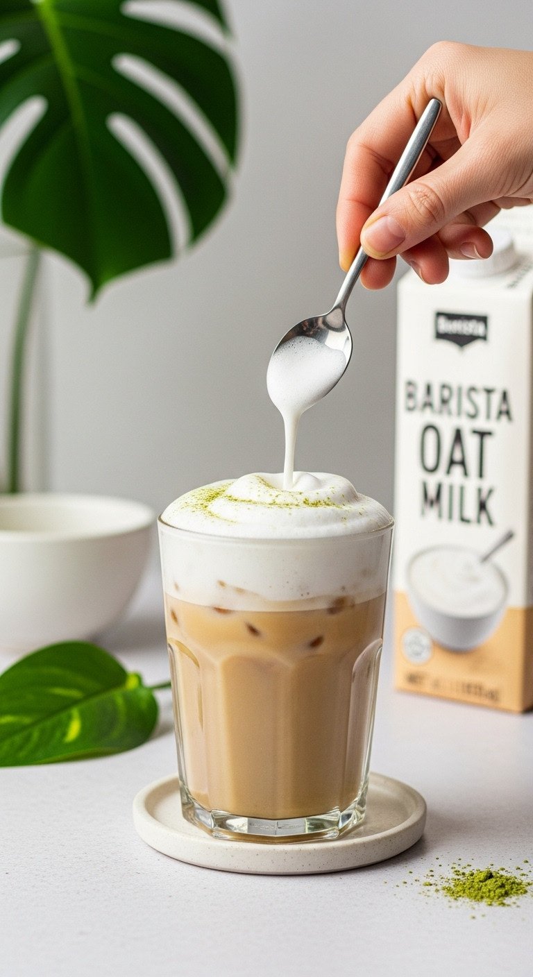Unlock The Secret To Perfect Creamy Cold Foam At Home 13 Vegan iced latte, oat milk cold foam layered beautifully on matcha or coffee with oat milk carton.