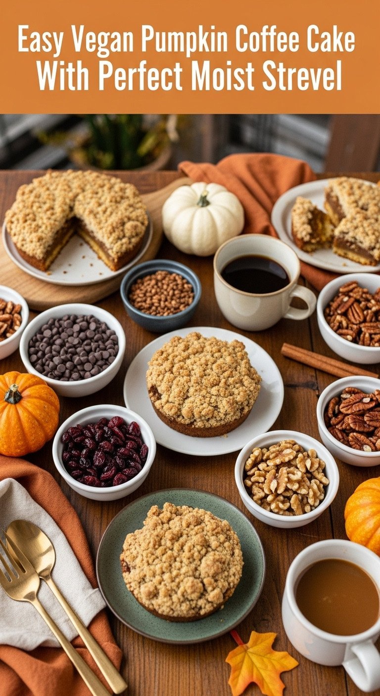 Easy Vegan Pumpkin Coffee Cake With Perfect Moist Streusel 11 Vegan pumpkin cake with bowls of chocolate chips, nuts, caramel, cranberries, fall leaves on rustic table, autumn theme.
