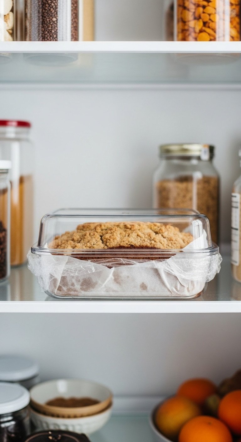Easy Vegan Pumpkin Coffee Cake With Perfect Moist Streusel 13 Vegan pumpkin coffee cake in clear airtight storage container on an organized pantry shelf, fresh and clean setting.