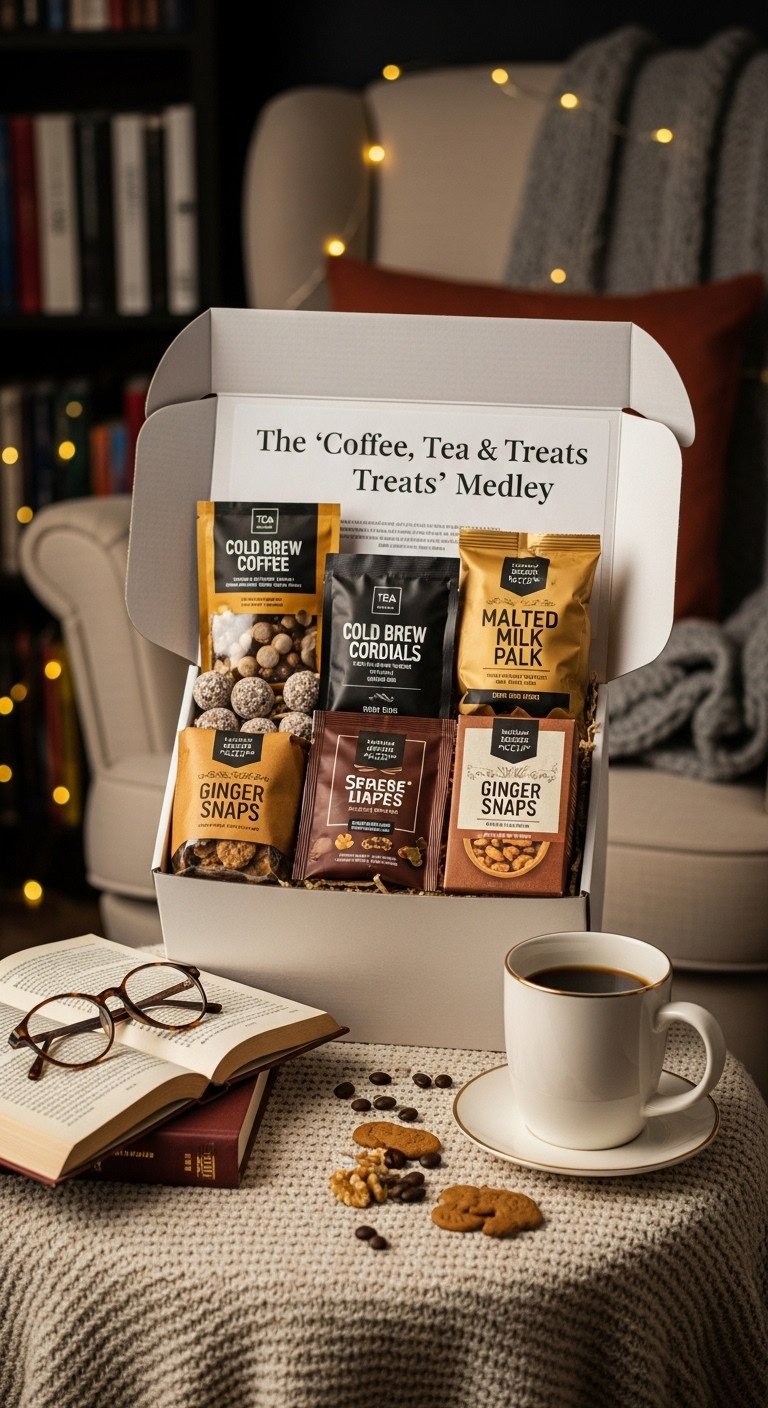 Versatile gift box with coffee tea sachets cold brew cordials malted milk balls espresso beans walnuts ginger snaps and a mug
