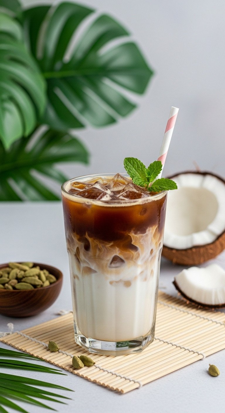 Perfect Cold Brew At Home With 7 Iced Coffee Recipes 14 Vibrant Thai iced coffee with distinct coconut milk top and dark coffee bottom on bamboo mat with cardamom, tropical plant.