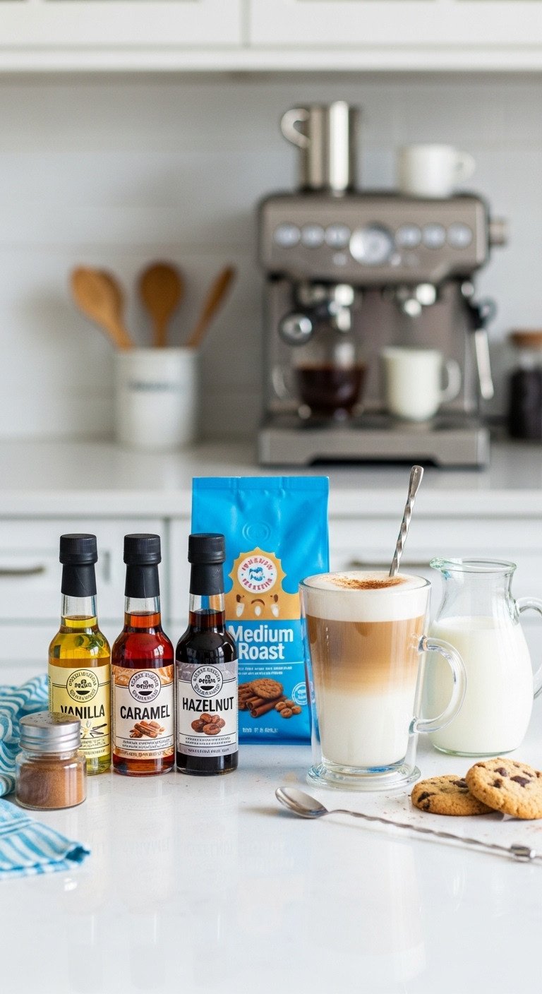 Vibrant flavor explorer coffee gift basket with syrups coffee beans and latte glass on a white countertop