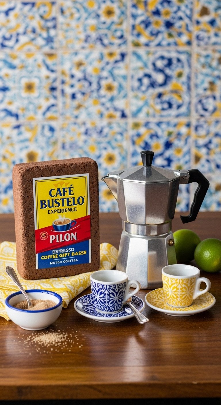 Vibrant gift set with Cafe Bustelo coffee metal Moka pot and Cuban style tacitas on a rustic dark wood table