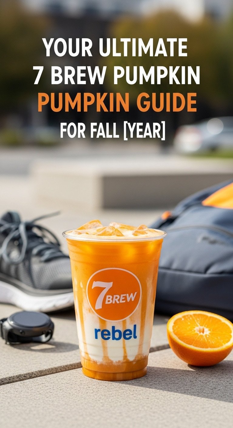 Vibrant iced 7 Brew pumpkin Rebel energy drink in a clear cup, with running shoes and a fitness watch for active fall.
