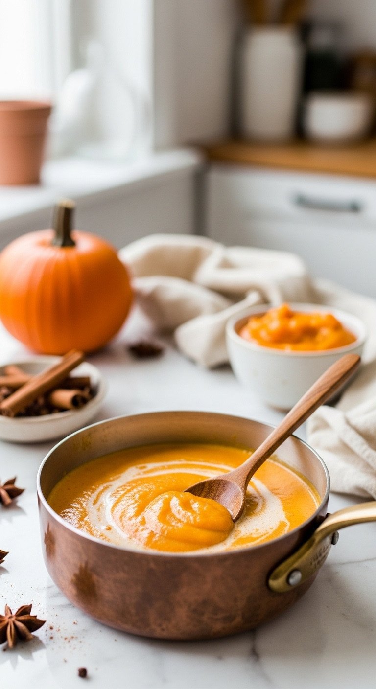 Easy Creamy Keto Pumpkin Spice Latte Better Than Starbucks 1 Vibrant keto pumpkin spice mixture simmering in a rustic copper saucepan, wooden spoon, cinnamon, star anise on white marble. Cozy fall drink prep.