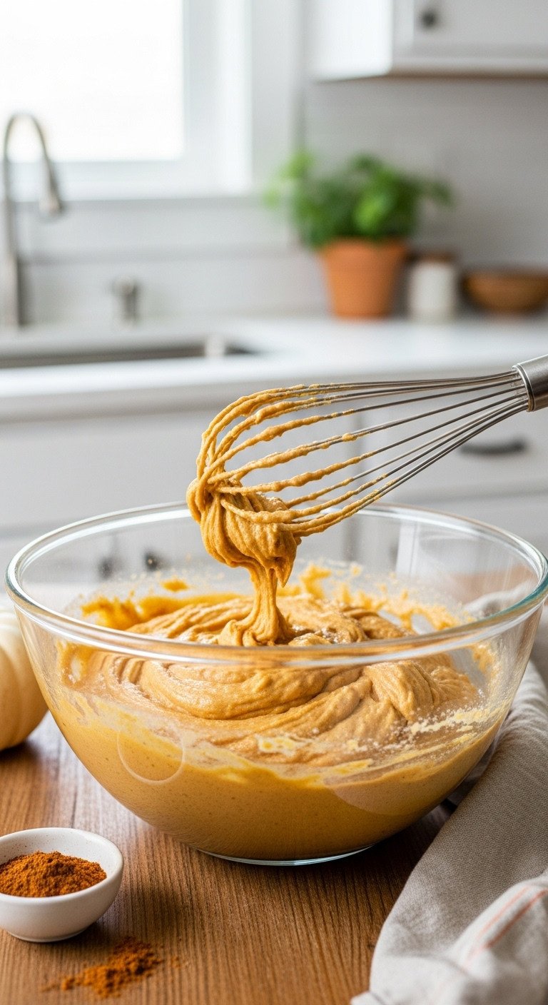 Easy Vegan Pumpkin Coffee Cake With Perfect Moist Streusel 1 Vibrant orange vegan pumpkin cake batter in a glass bowl with spices, whisk on rustic wooden table, cozy kitchen background.