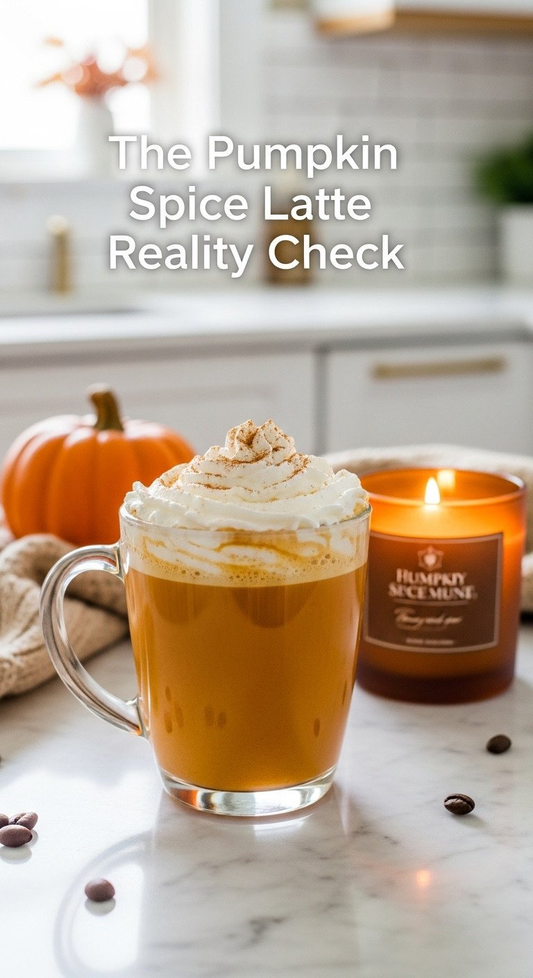 Vibrant pumpkin spice latte with whipped cream and cinnamon next to autumn candle on marble countertop in a bright kitchen