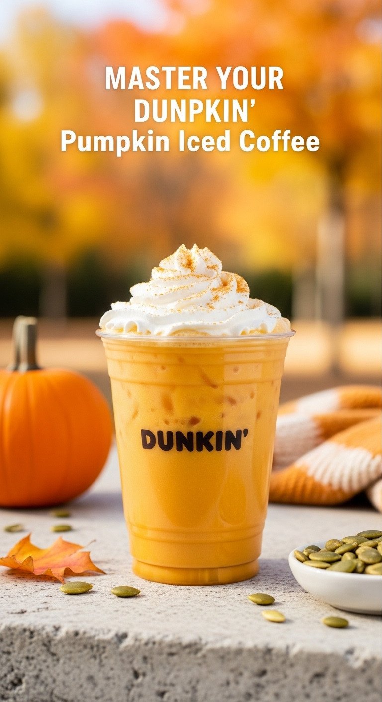 Master Your Dunkin Pumpkin Iced Coffee Custom Orders 13 Vibrant sweet Dunkin' Pumpkin Iced Coffee, golden-orange, whipped cream, clear ice, autumn park setting, bright foliage.