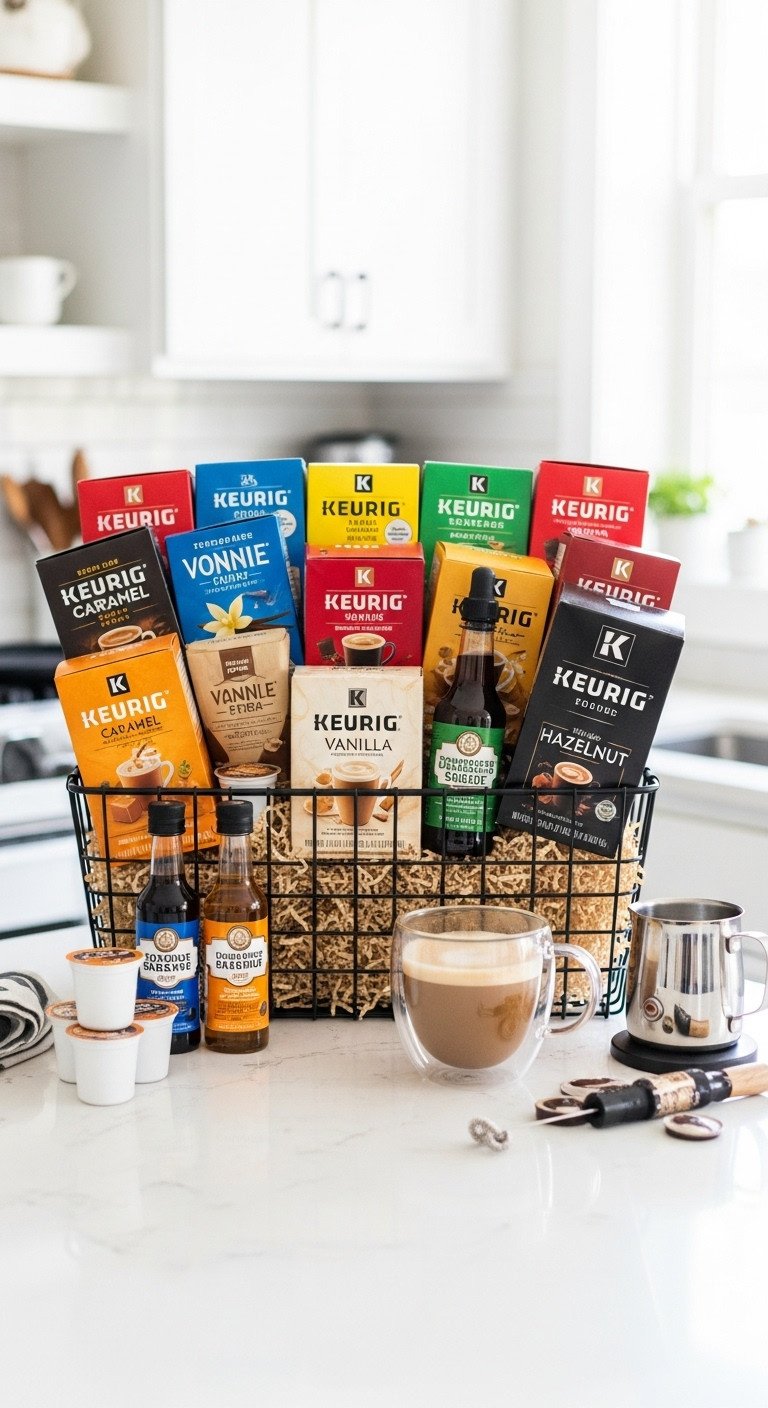 Vibrant wireframe basket with flavored coffee K-cups coffee flavoring syrups glass mug and milk frother on a kitchen countertop