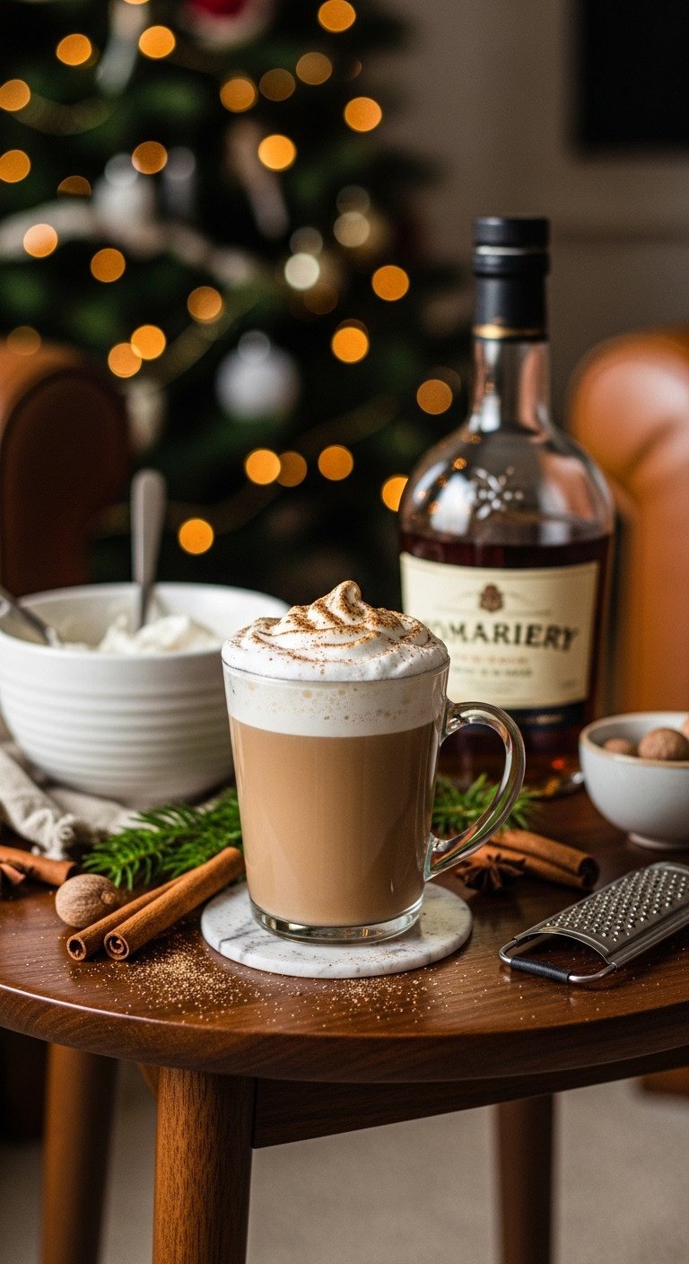Vintage Tom & Jerry mug with frothy, nutmeg-dusted cocktail on a dark walnut table with a blurred Christmas tree background