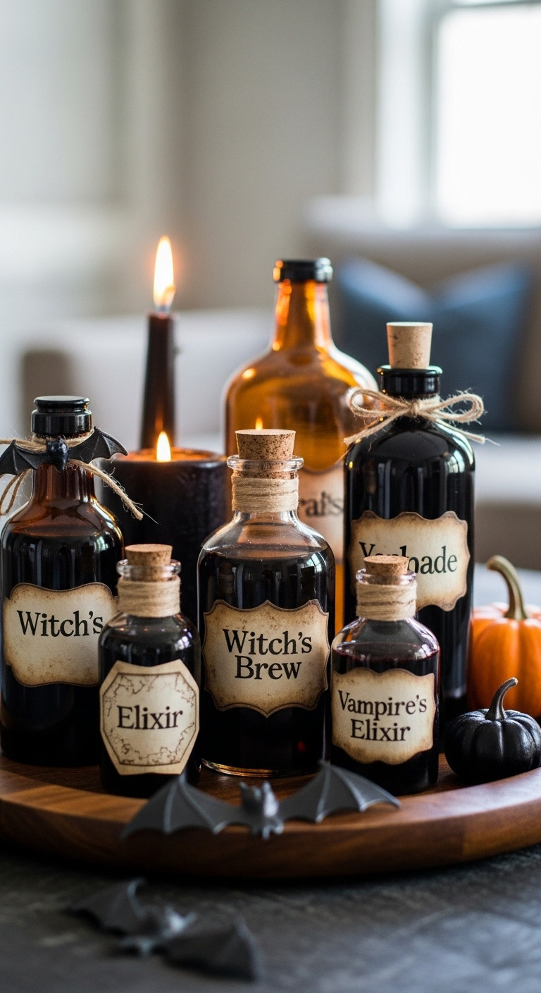 Vintage-style potion bottles with aged labels clustered on a dark wooden tray for a spooky chic Halloween centerpiece