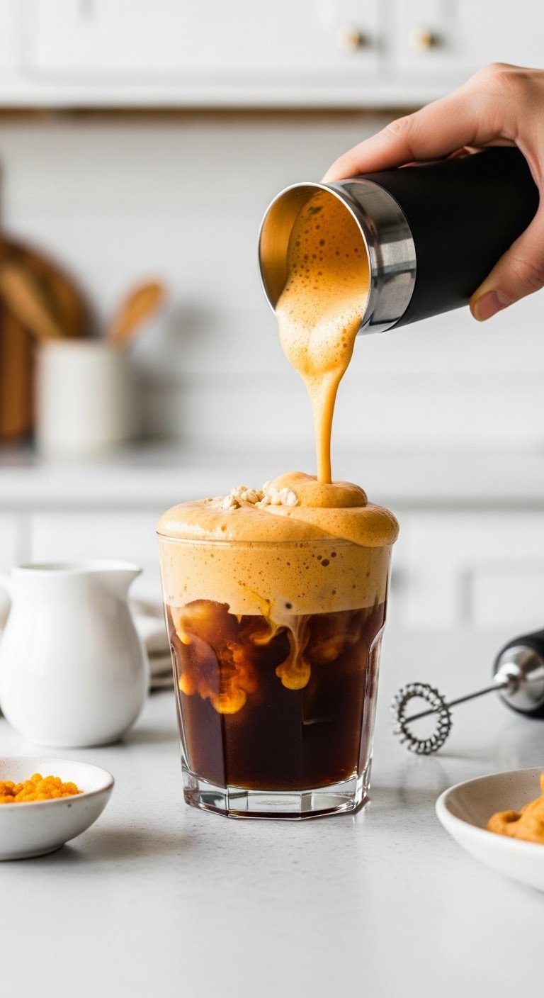 5 Best Homemade Pumpkin Spice Coffee Recipes to Try Now 9 Viral Pumpkin Cream Cold Foam Coffee in a glass of cold brew topped with orange foam cream pitcher and handheld frother