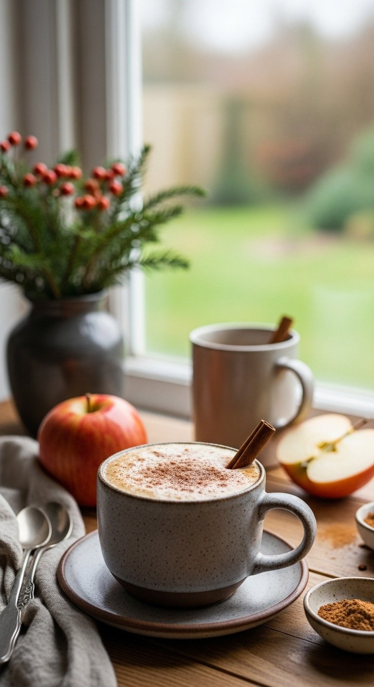 Warm Apple Cinnamon Latte in a rustic mug with cinnamon stick and apple on a wooden table with a winter garden view