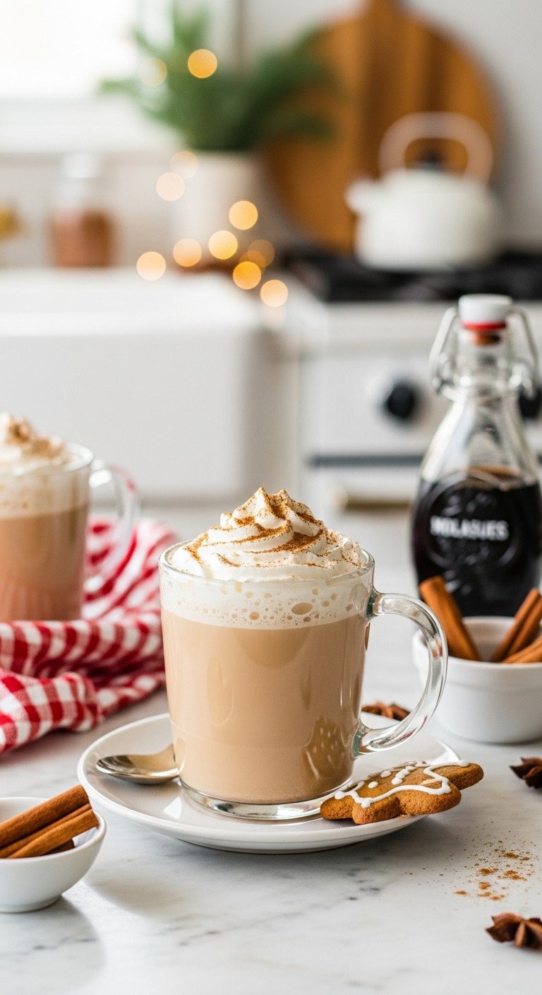 Warm Gingerbread Latte in a clear glass mug with whipped cream and gingerbread cookie on a marble countertop with festive kitchen decor