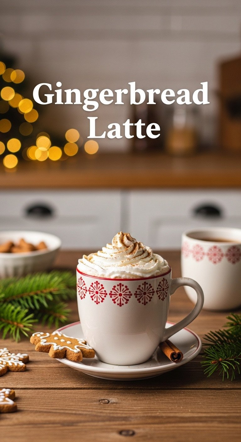 Warm Gingerbread Latte in a festive ceramic mug with whipped cream cinnamon and gingerbread cookie on a rustic table with Christmas kitchen decor