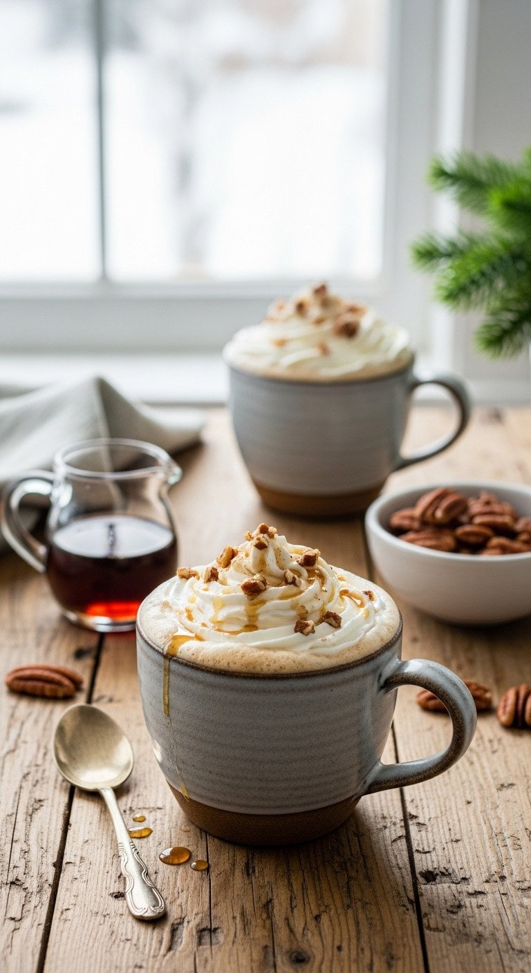 Warm Maple Pecan Latte in a pottery mug with whipped cream maple syrup and pecans on a reclaimed wood table by a snowy window