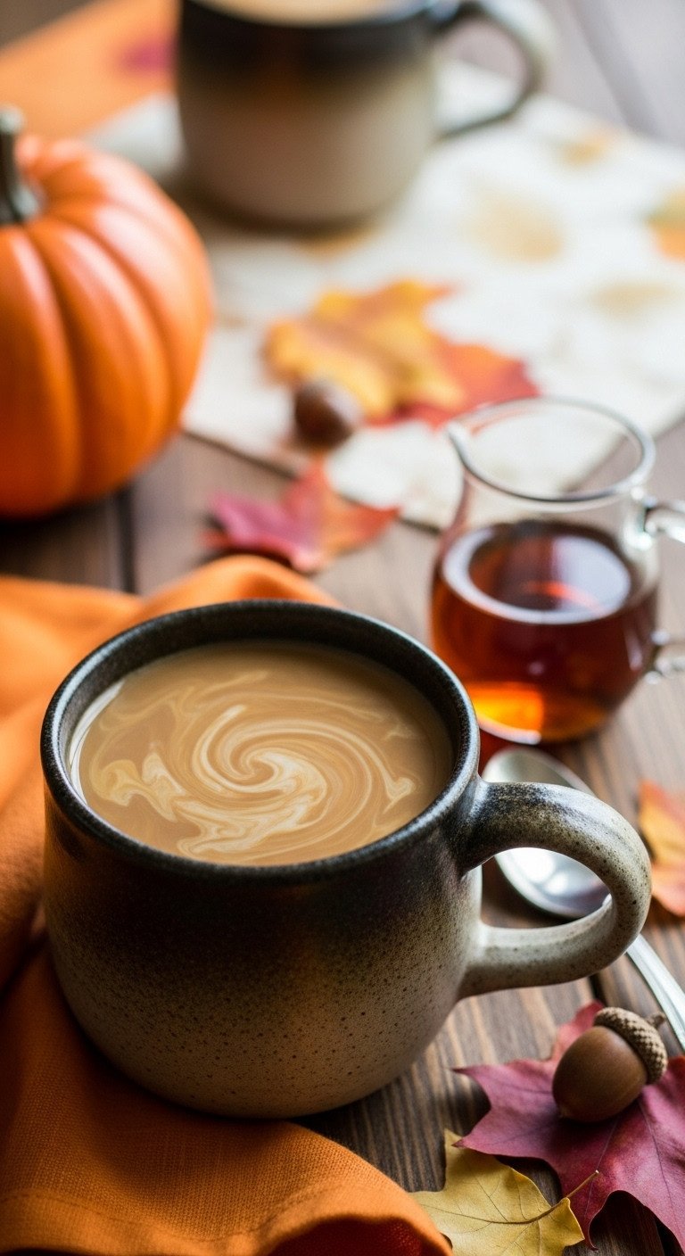 7 Cozy Hot Pumpkin Coffee Recipes Better Than Starbucks 13 Warm Maple Pumpkin Coffee in a stoneware mug with maple syrup scattered fall leaves and acorn on a rustic dining table