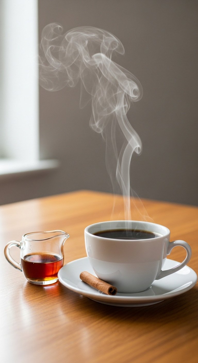 9 Cozy Pumpkin Coffee Fall Recipes Beyond Starbucks Lattes 15 Warm Spiced Maple Coffee in a white porcelain cup with maple syrup and cinnamon stick on a clean wooden table