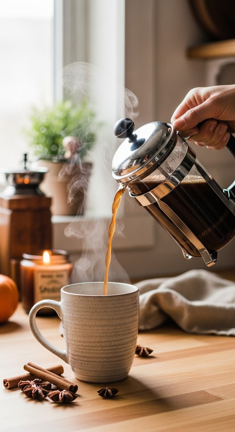 Warm Trader Joe's Pumpkin Spice Ground Coffee pours from French press into a mug on a wood counter, with cinnamon & star anise. Cozy fall brew.