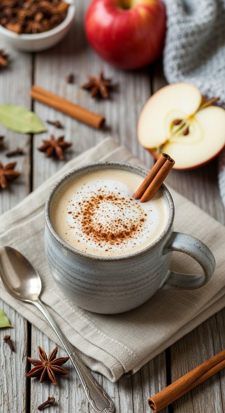 Warm apple cider chai latte in a rustic stoneware mug with foam and cinnamon stick on a weathered wood surface