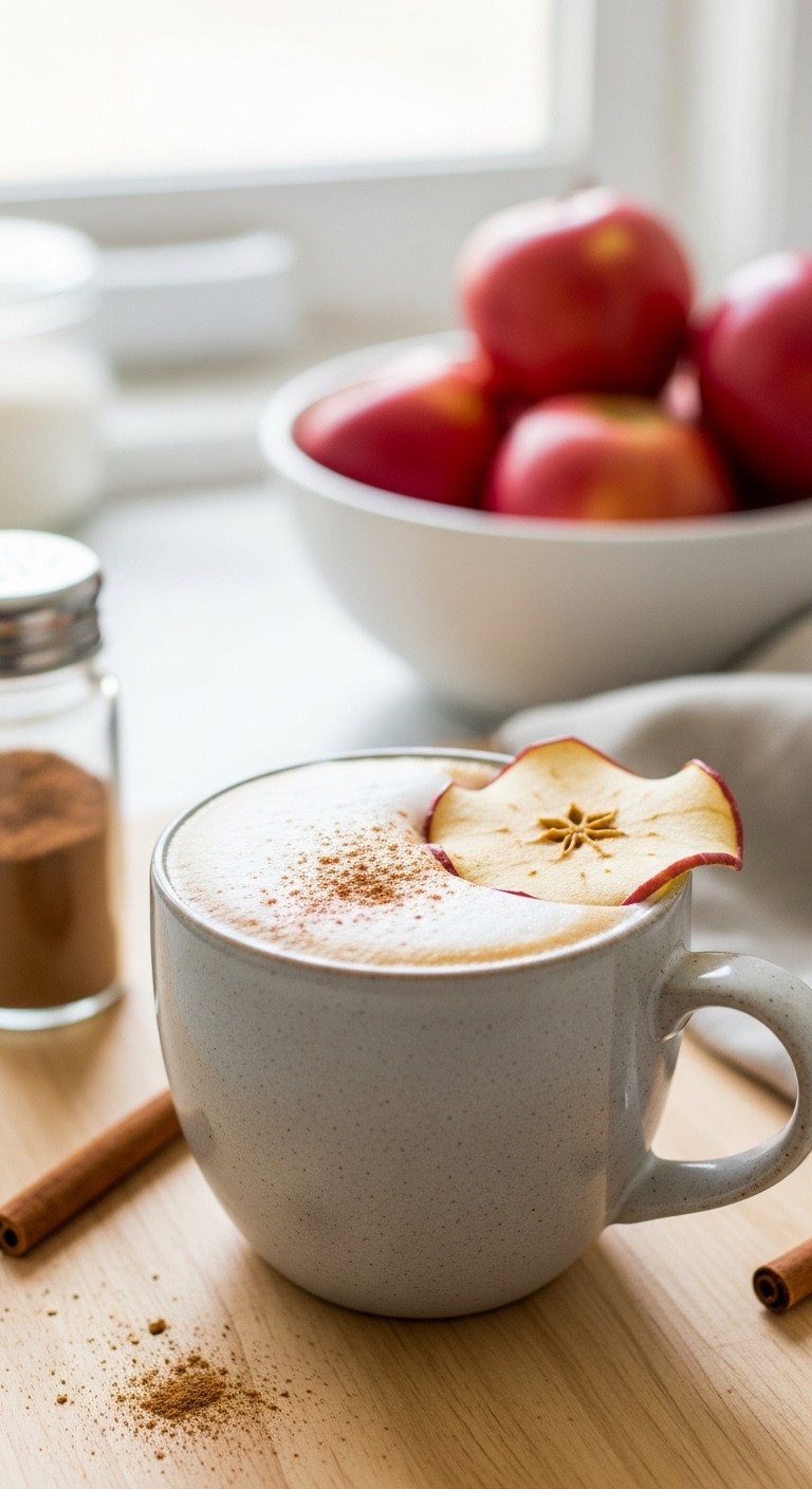 Warm apple cinnamon latte in a cozy mug with foam, apple pie spice, and a dehydrated apple slice