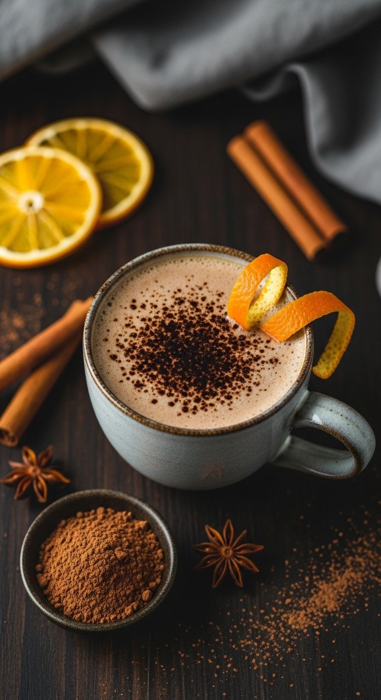 Warm boozy orange mocha in ceramic mug garnished with orange peel and cocoa powder on a dark wood surface