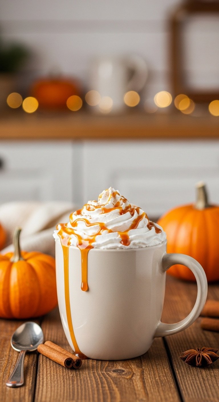 Warm pumpkin caramel latte with whipped cream and caramel drizzle on a rustic wooden table with holiday decor