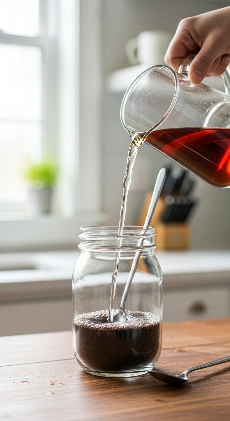 The Ultimate Mason Jar Cold Brew Guide To Avoid Mistakes 5 Water poured from a glass pitcher into a mason jar of coarse coffee grounds on a rustic table in a bright kitchen.