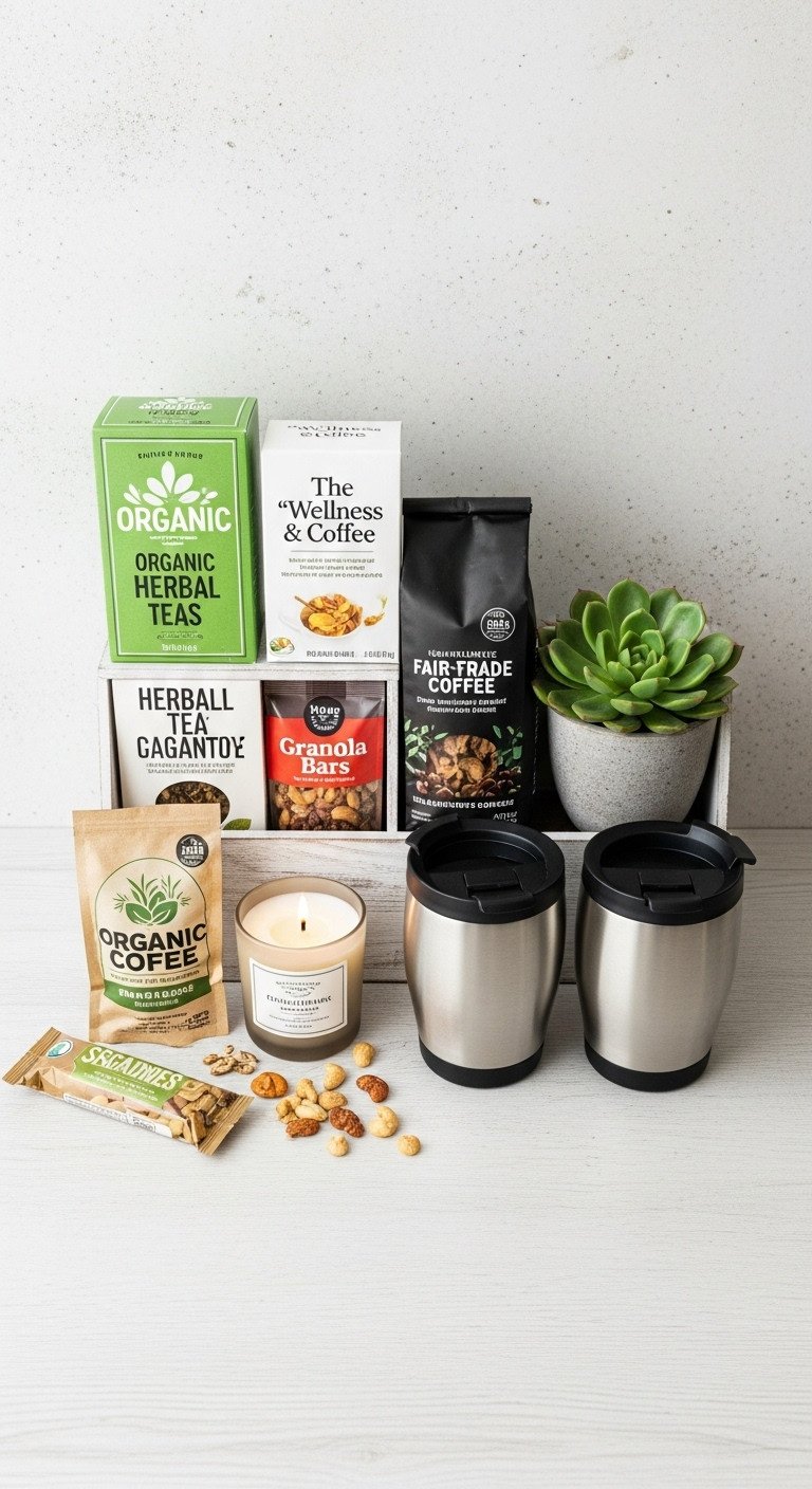 Wellness and coffee basket with organic fair trade coffee herbal teas healthy snacks scented candle and travel mugs