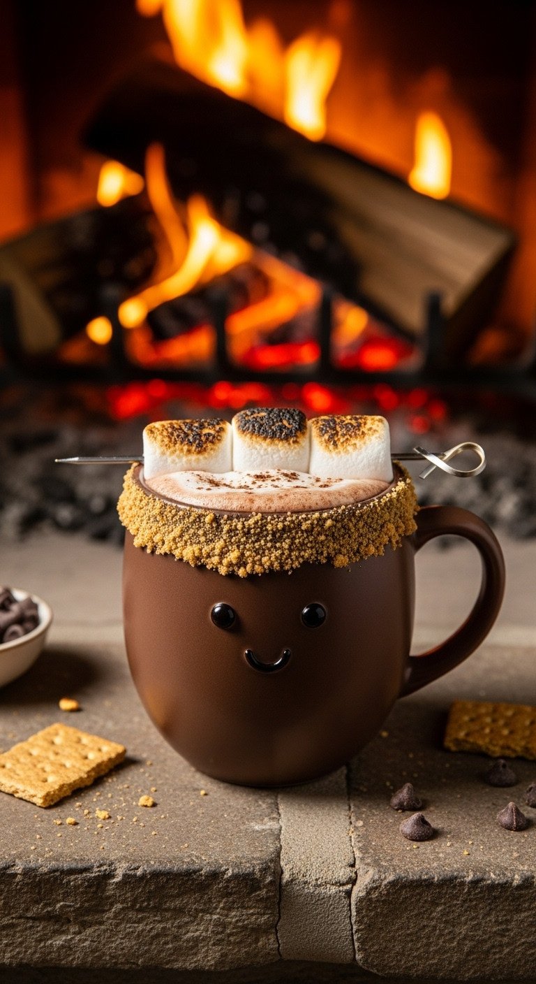 Whimsical S'mores Hot Chocolate Coffee with toasted marshmallows and graham cracker rim on a rustic stone hearth by a fireplace