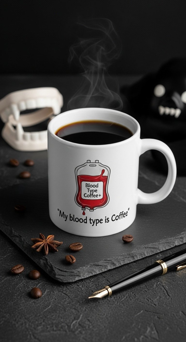 White ceramic blood bag design mug labeled 'Coffee+' filled with black coffee on dark slate with vampire fangs and coffee beans