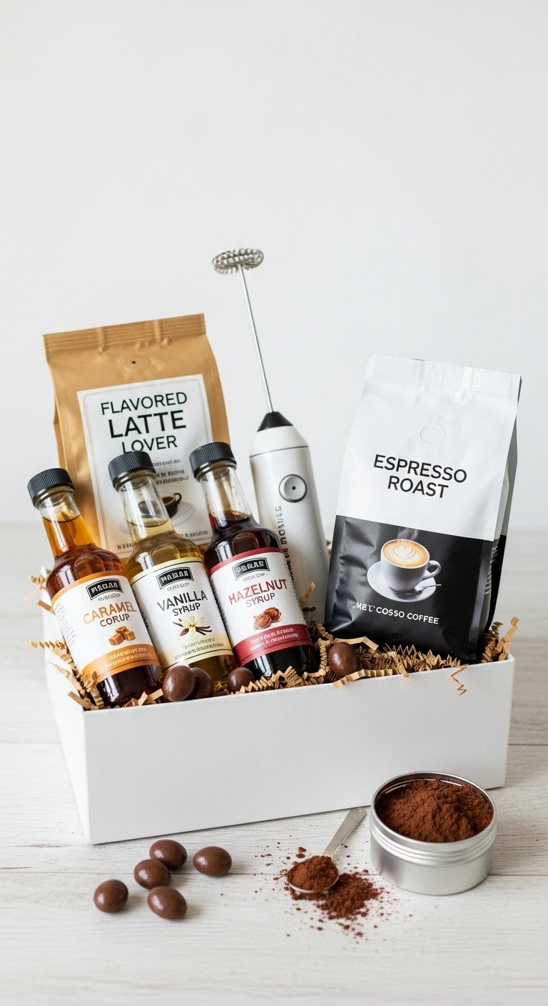 White gift box with mini coffee syrup bottles, milk frother, espresso coffee, chocolate-covered beans, and cocoa powder