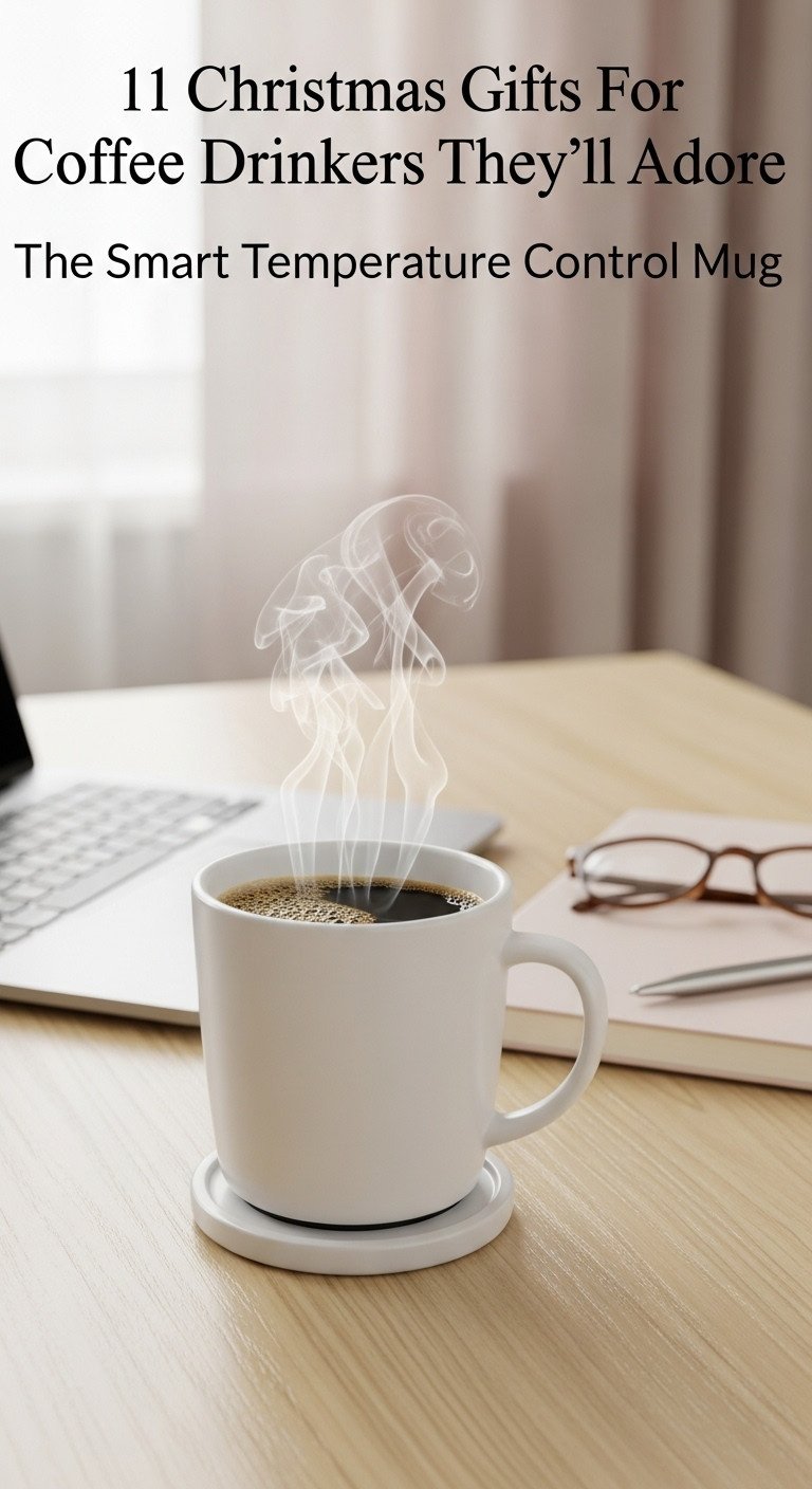 White smart temperature control mug on charging coaster with steaming black coffee on a light wood home office desk with blurred laptop