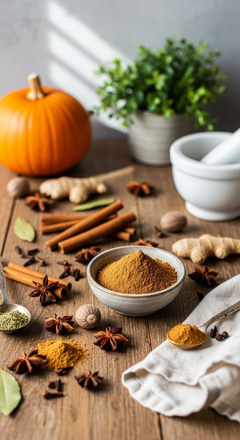 Perfect Pumpkin Coffee Sauce Recipe Easy Customizable 7 Whole and ground pumpkin pie spices (cinnamon, star anise, cloves) around a bowl of custom blend on rustic wood. Fresh fall aroma.