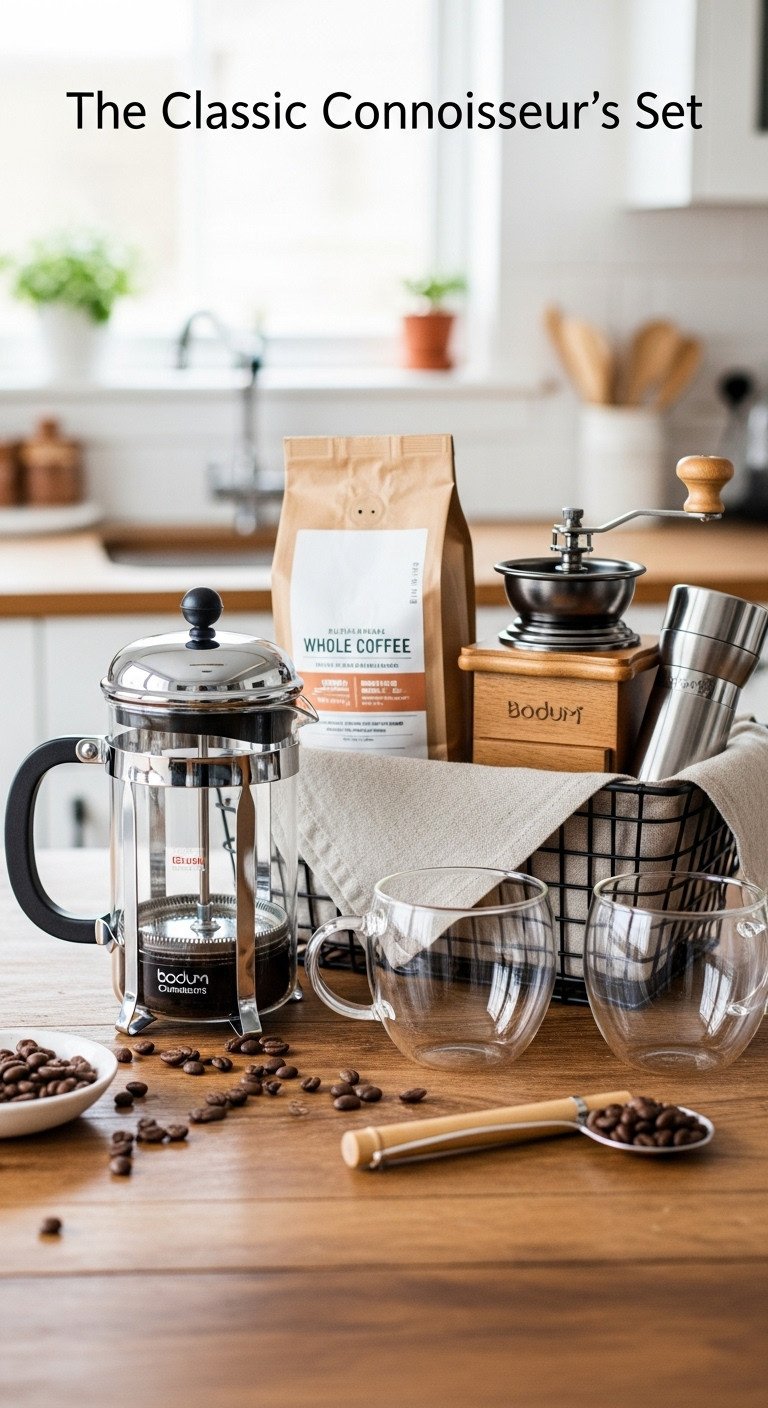 Wicker basket with Bodum French press artisanal whole bean coffee manual grinder and two elegant glass mugs on a rustic wooden table
