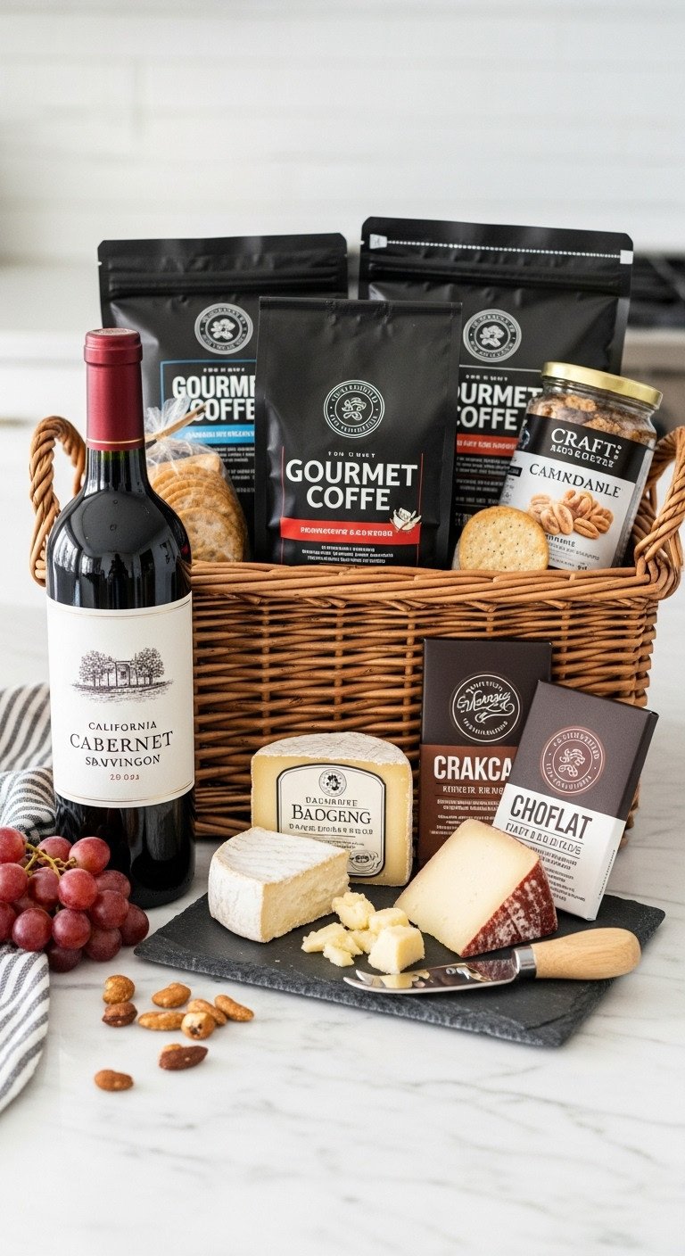 Wicker basket with California Cabernet Sauvignon gourmet coffee artisanal cheeses crackers and craft chocolate on a marble countertop