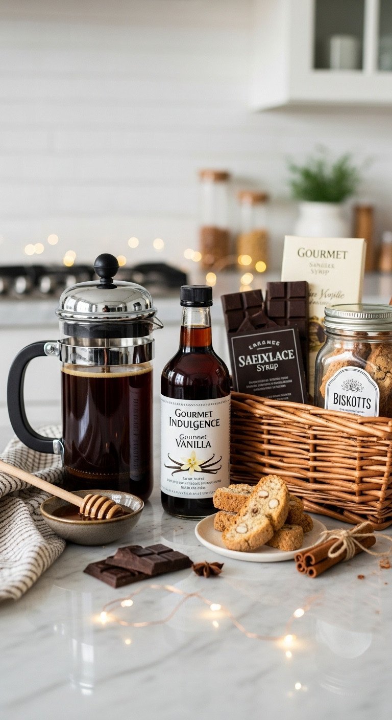 Wicker basket with French press gourmet vanilla syrup artisanal dark chocolate bars and hazelnut biscotti on a marble countertop