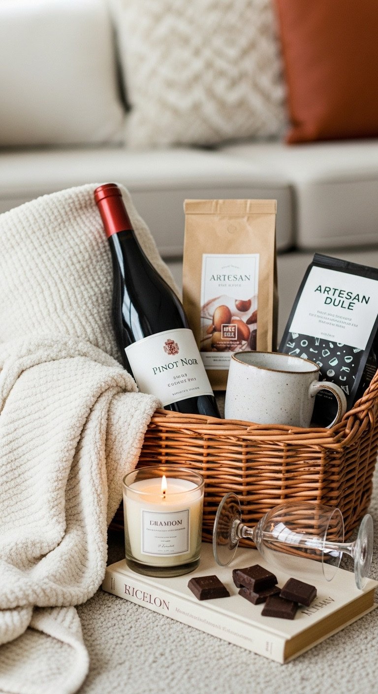 Wicker basket with Pinot Noir artisan coffee beans ceramic mug scented candle and stemless wine glasses with chocolate and a book