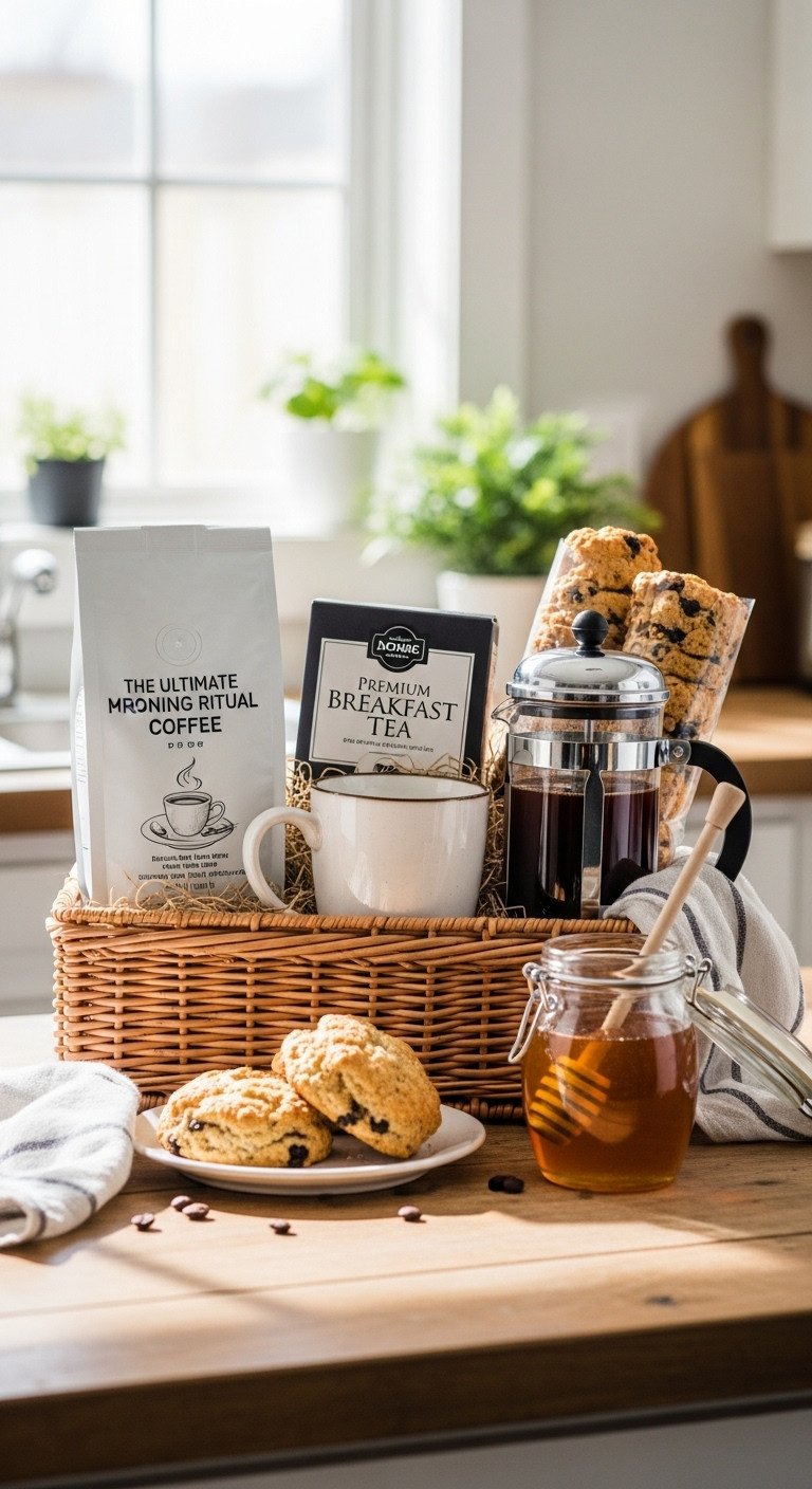 Wicker basket with artisanal coffee beans breakfast tea ceramic mug French press honey and gourmet scones on a sunlit kitchen counter