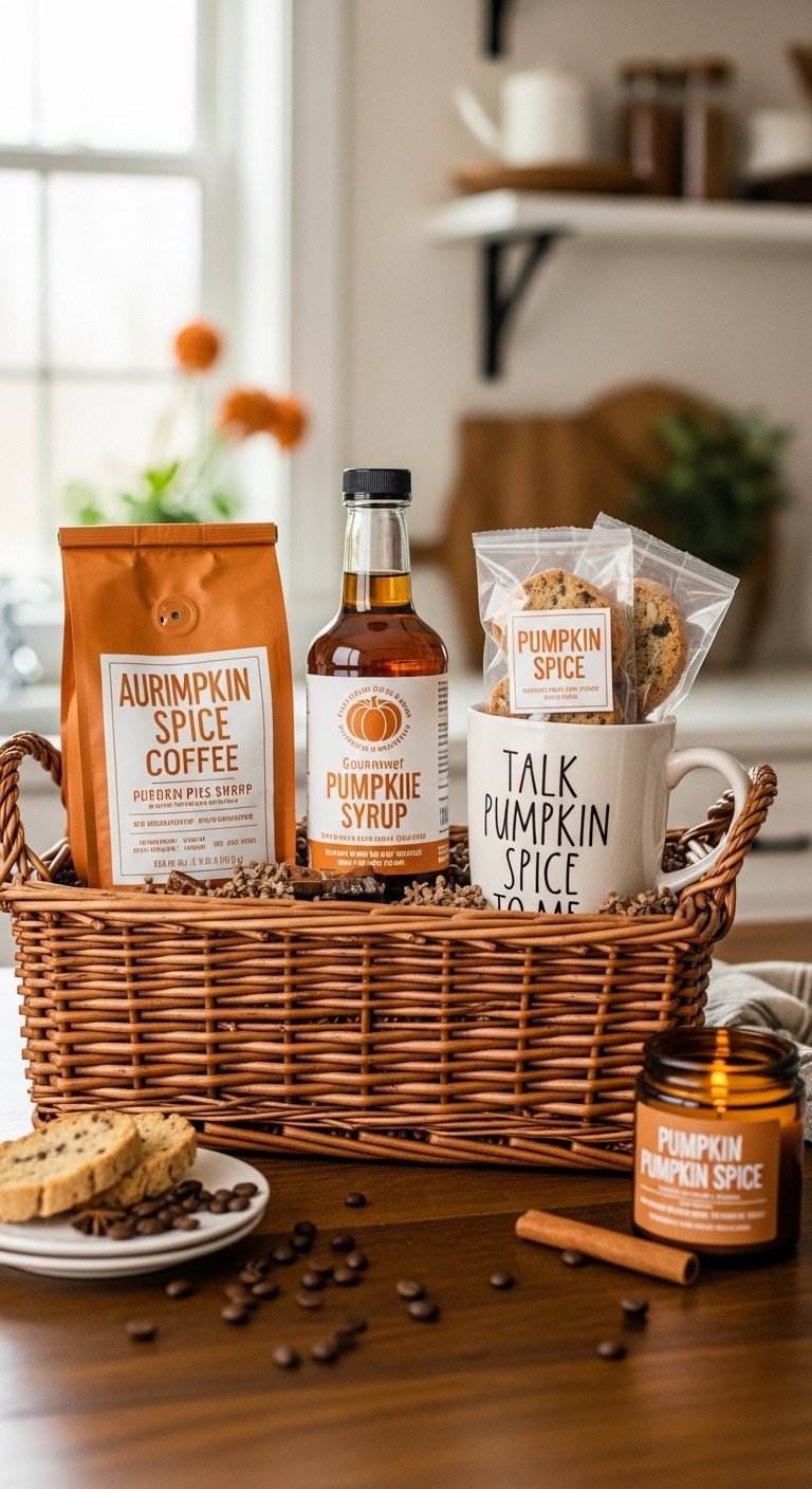 7 Cozy Pumpkin Spice Coffee Gift Basket Ideas To Delight All 1 Wicker basket with artisanal pumpkin spice coffee beans gourmet pumpkin pie syrup witty ceramic mug pumpkin spice biscotti and amber jar candle