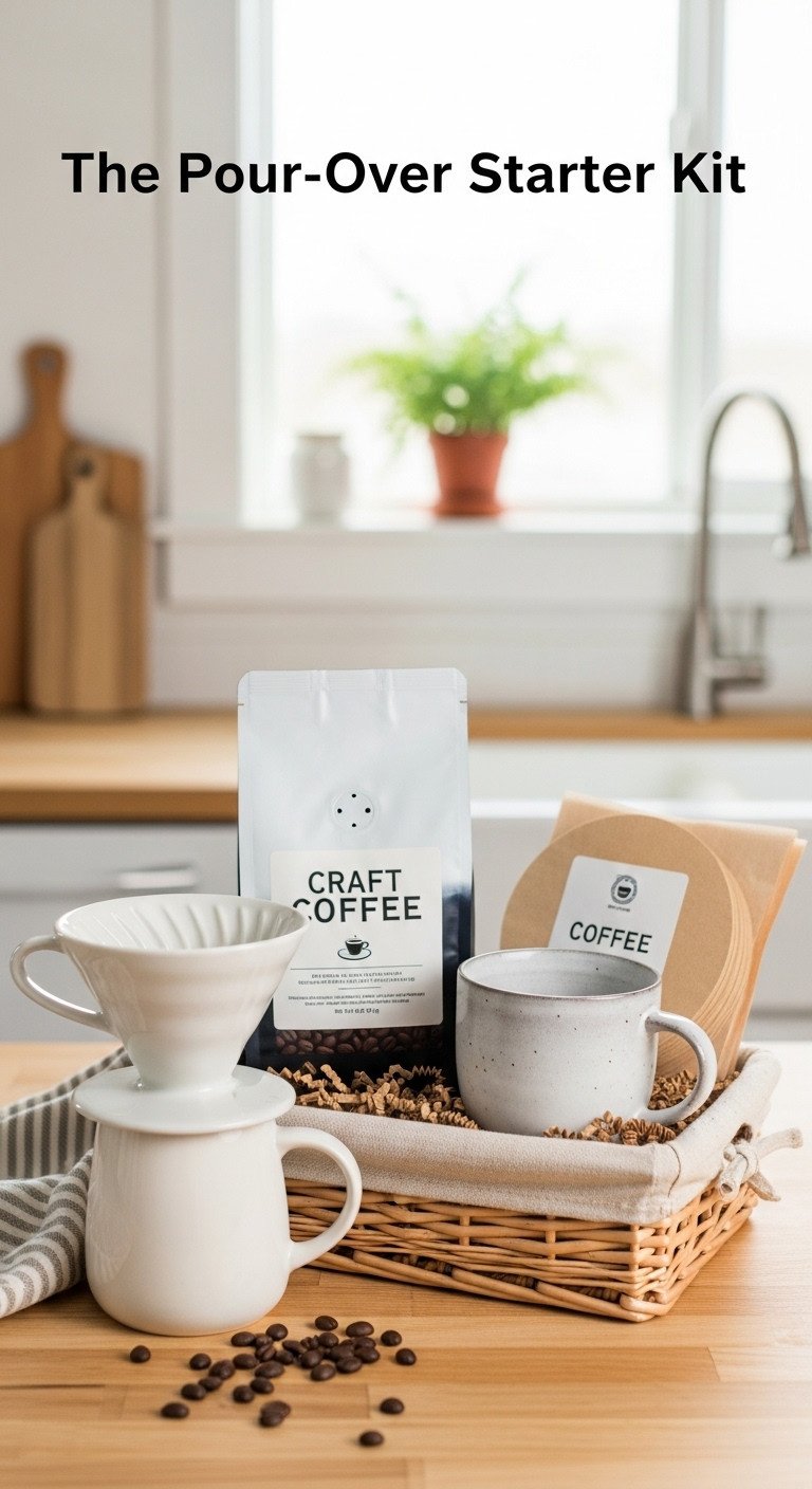 Wicker basket with ceramic pour over cone craft coffee beans paper filters and stylish ceramic mug on a light wood surface
