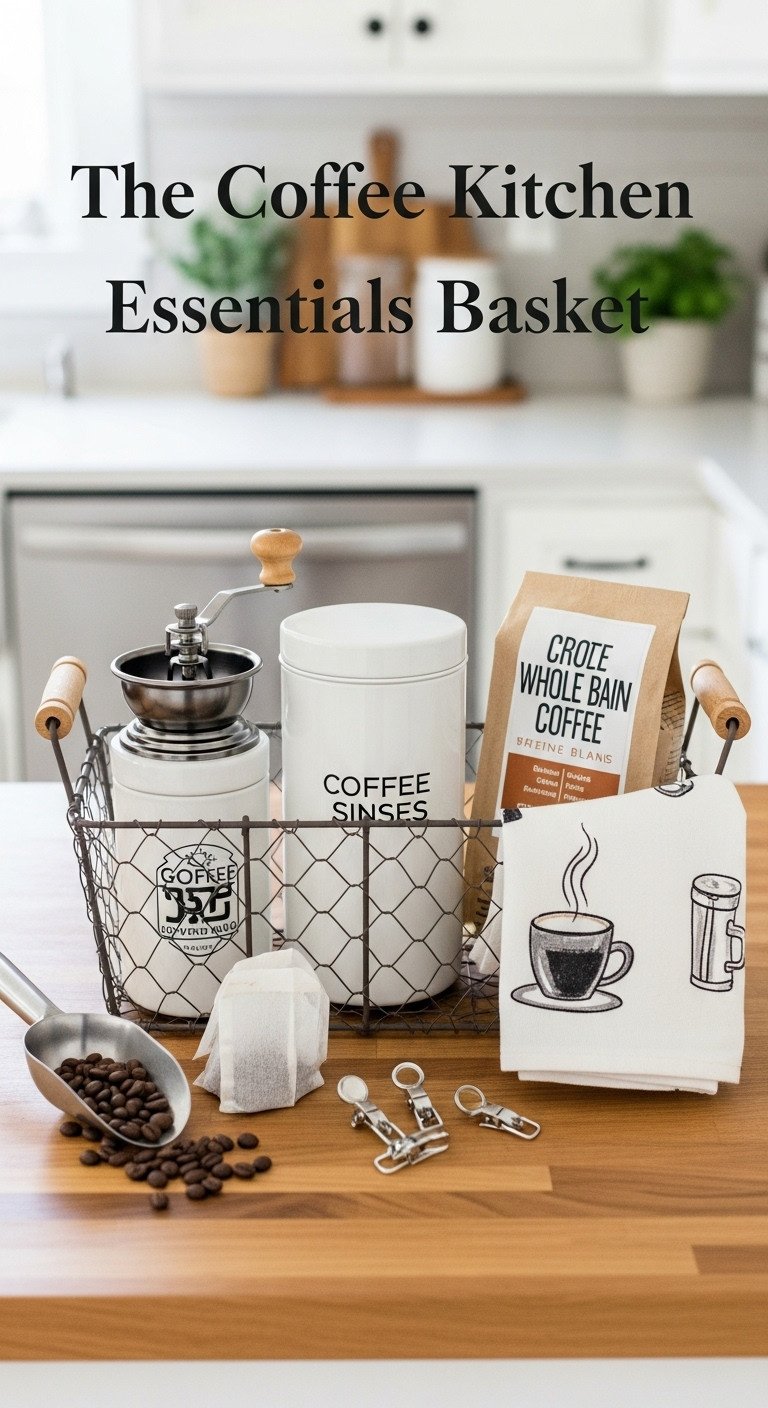 Wire kitchen basket with manual coffee grinder, coffee canister, bag clips, and coffee-themed towel on butcher block countertop