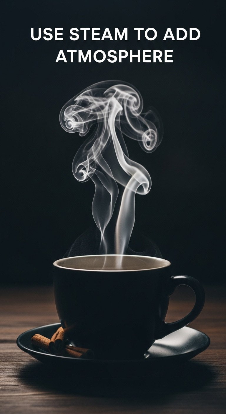 Wisps of steam rising gracefully from a dark coffee mug on a moody dark background highlighted by backlighting for atmosphere