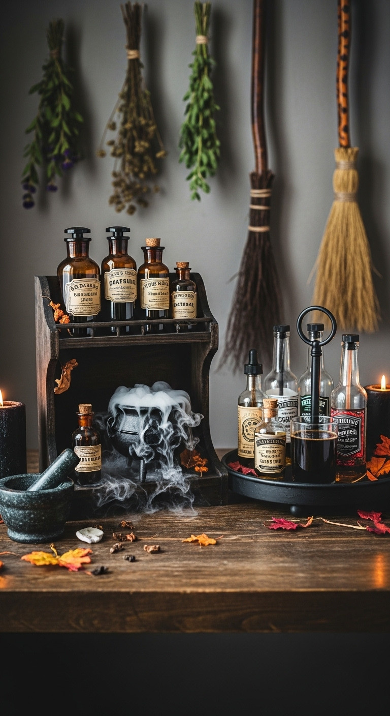 Witch's Apothecary Brew Station vintage Halloween coffee bar with potion bottles bubbling cauldron tiered tray and black candles