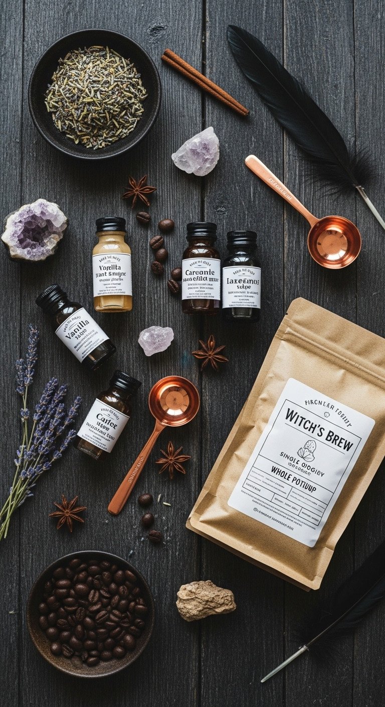 Witch's Brew Gourmet Potion Kit Halloween coffee gift basket with potion bottles, coffee beans, and copper scoop